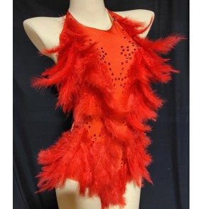 Female Singers DjDs white rhinestone red yellow feather jazz dance jumpsuits stretch short leotards Latin dance stage performance costume woman
